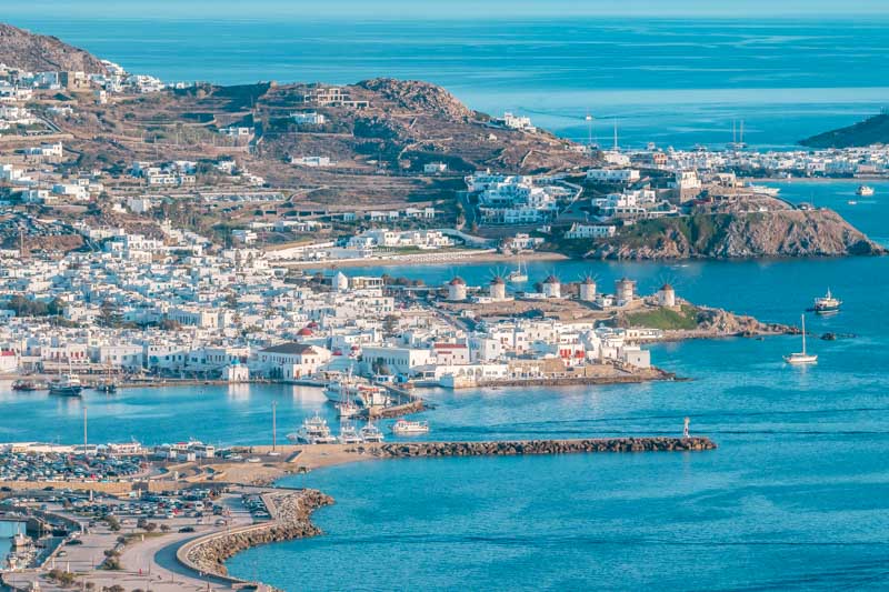 Insel Mykonos Ausblick Agios Stefanos Hafen