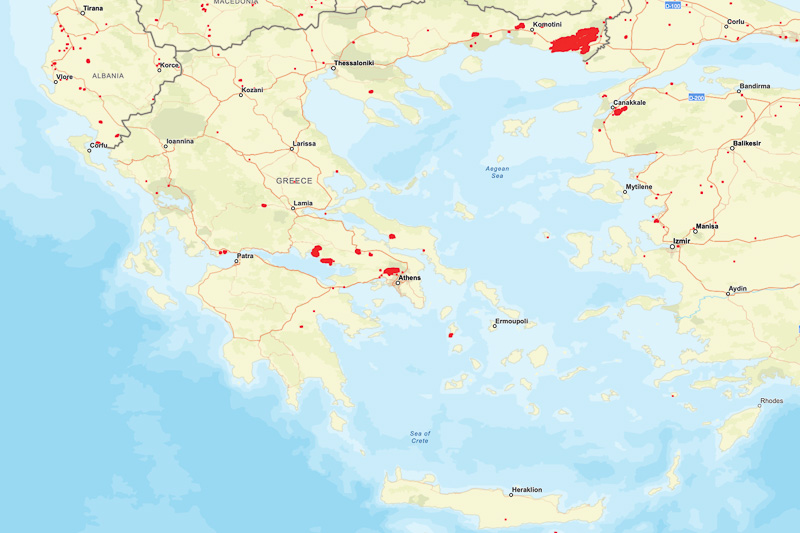 Karte Griechenland Waldbraende aktuelle Situation 25.August